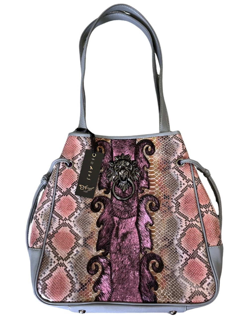 Sharif Lions Gate Knocker Leather Tote Bag Snakeskin Haircalf Bold Embellished